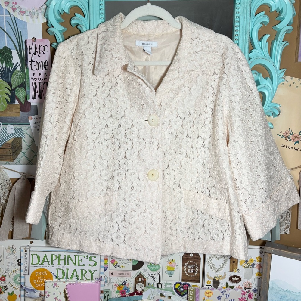 Dressbarn Cream Floral Lace Overlay Blazer Jacket Women’s Sz.L Romantic Feminine